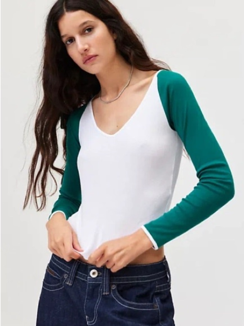 BDG Baseball Tee White V-Neck Long Sleeve Raglan Top with Teal Sleeves